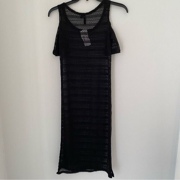 Ultra Flirt Juniors Scoop Neck Knit Short Sleeve Cold Shoulder Midi Swim CoverUp - Picture 3 of 3